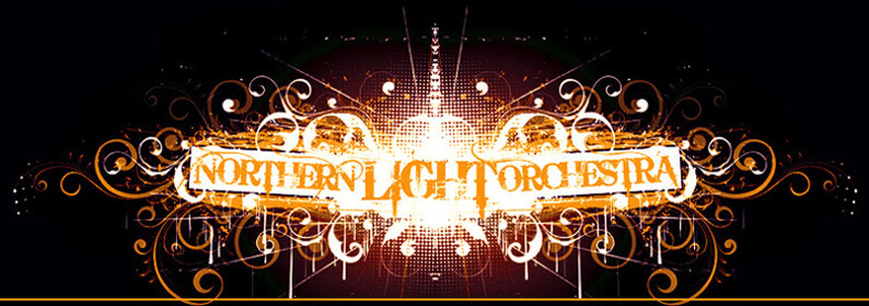 Fanciful Render of Northern Light Orchestra sign with filigree and lights.